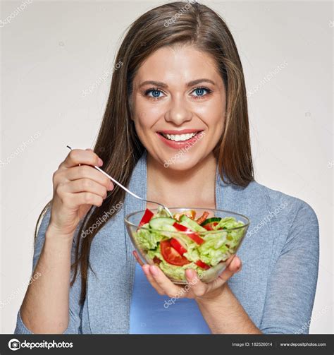Portrait Young Woman Eating Salad Beige Background Healthy Food Concept