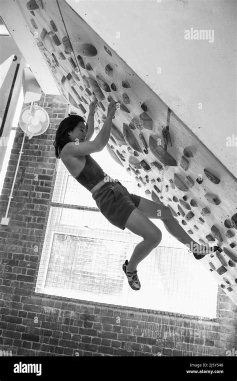 Female Rock Climber Hanging From Climbing Wall In Gym Stock Photo Alamy