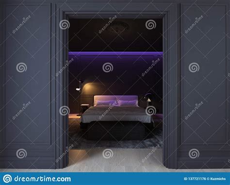 3d Illustration Luxury Minimal Black Bedroom With Wood Floor Stock