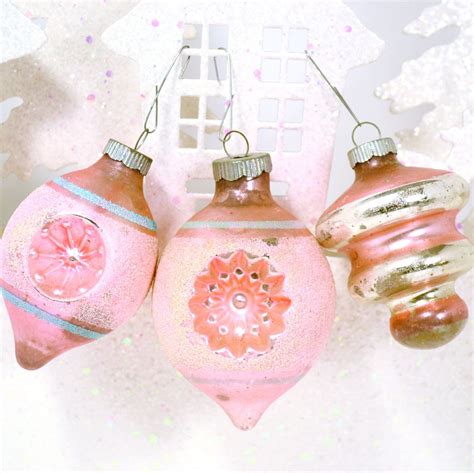 Pink Christmas Ornaments Vintage Shiny Brite Indent Mica Silver Striped