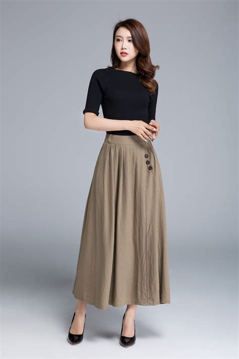 Khaki Skirt Linen Skirt Pleated Skirt Pocket Skirt Button Skirt