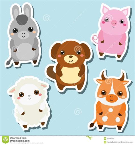 Cute Kawaii Farm Animals Stickers Set Vector Illustration Pig Dog
