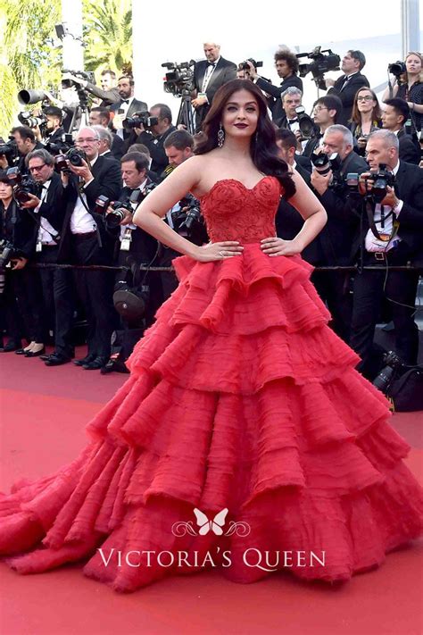Red Strapless Tiered Ball Gown Prom Dress Aishwarya Rai Bachchan Cannes