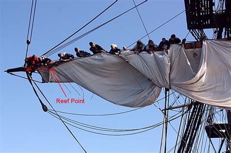 10 Sailors Stand In The Footropes And Haul Out The Reefing Point Of
