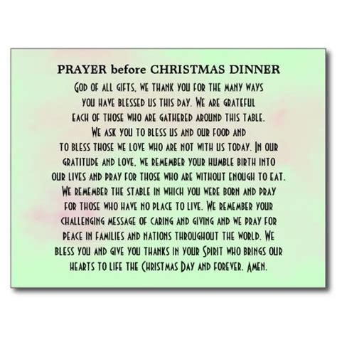 Your loved ones will appreciate your sentiment, but also be happy that you weren't incredibly long winded. Prayer before Christmas Dinner Postcard | Zazzle.com ...