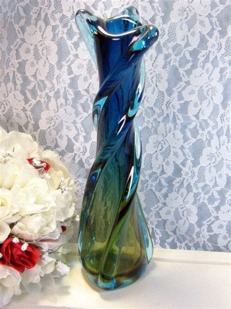 Vintage Murano Art Glass Italy Vase Blue Green Twisted Vase
