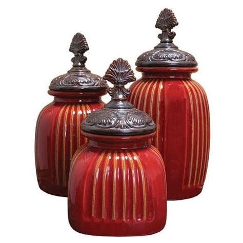 Red ceramic kitchen canister sets; Tuscan Red s 3 Ceramic Ribbed Canister Set Kitchen Fan ...