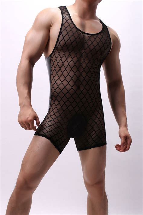 Men S Sexy Mesh Pu Boxer Leotard Nightwear Breathable Body Shaping
