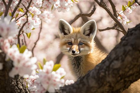 Close Look Of Baby Fox Under Cherry Blossom Tree Stock Image Image Of