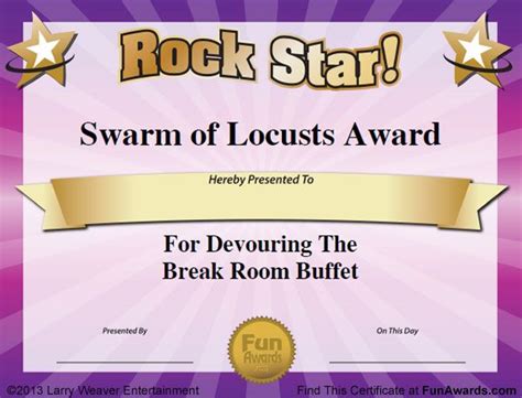 A Rock Star Award Certificate For Devouring The Break Room Buffet
