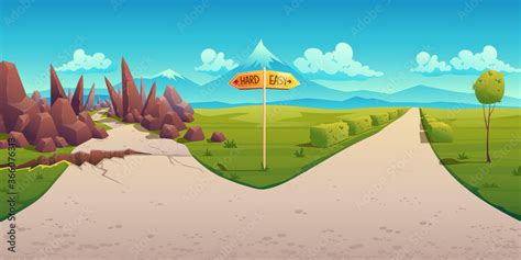 Concept Of Choice Between Hard And Easy Way Vector Cartoon Landscape