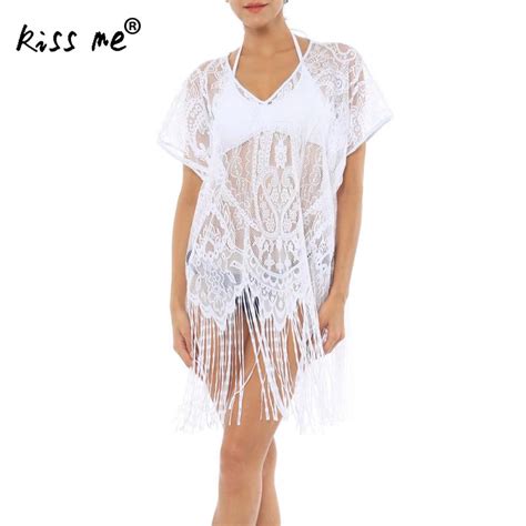 2018 Sexy Hollow Sheer Beach Cover Up Tassels White Swimwear Dress Ladies Bathing Suit Cover Ups