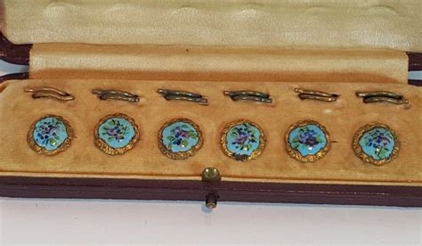6 Antique Cased Gilt Blue Floral Enamel Dress Studs Shirt Buttons Paris