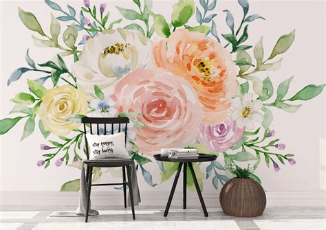 Wall Floral Mural Bouquet Pastel Peonies And Blooms Watercolor Flowers