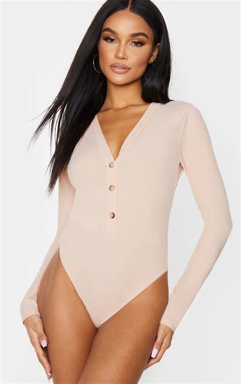 Blush Long Sleeve Button Detail Bodysuit Prettylittlething