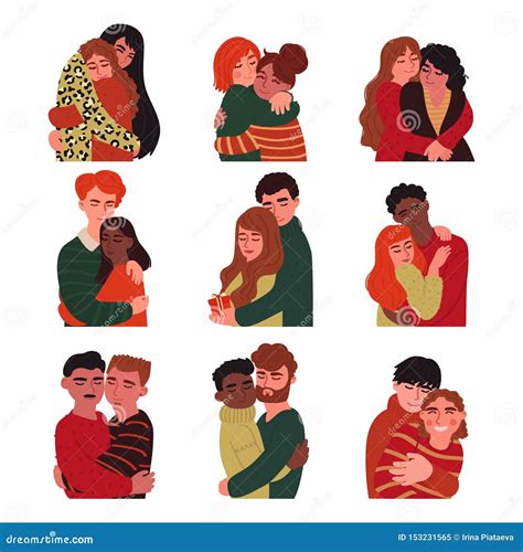 Set Of Couples Young People Hugging Traditional Same Sex Couples