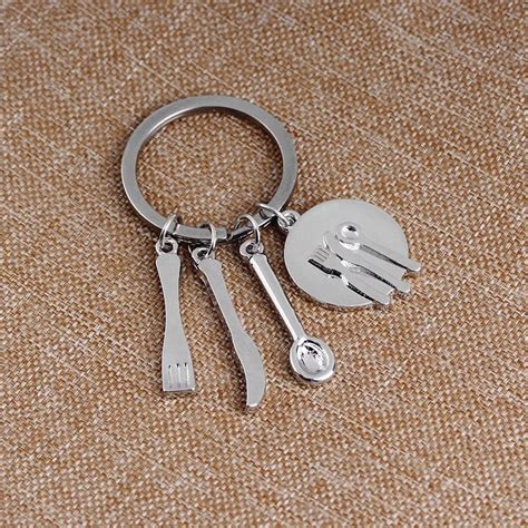 2018 Fashion Kitchen Gadget Keychain Key Ring Spoon Fork Knife Plate