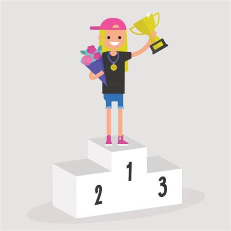 Happy Girl Holding Gold Trophy Illustrations Royalty Free Vector