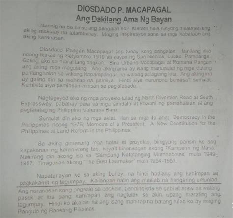 Pamagat Ng Balangkas Diosdado P Macapagal Ang Dakilang Ama Ng Bayan