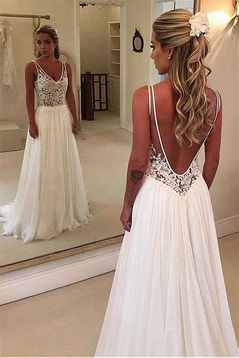 Elegant Simple White Lace A Line V Neck Open Back Long Wedding Dresses Simidress