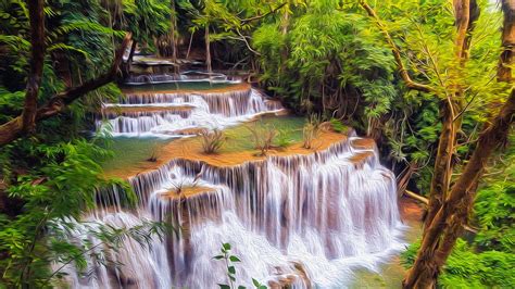 Kanchanaburi Falls Thailand Oil On Canvas 4k Ultra Hd