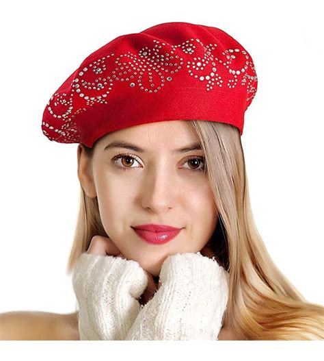 beret hats for women rhinestones 2 layers wool french hat lady winter black red red