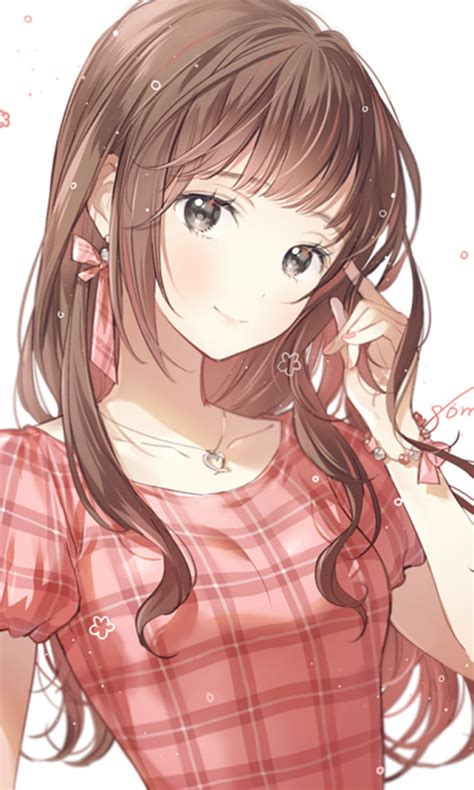 Download Wallpaper 480x800 Cute Brunette Anime Girl Long Hair Art
