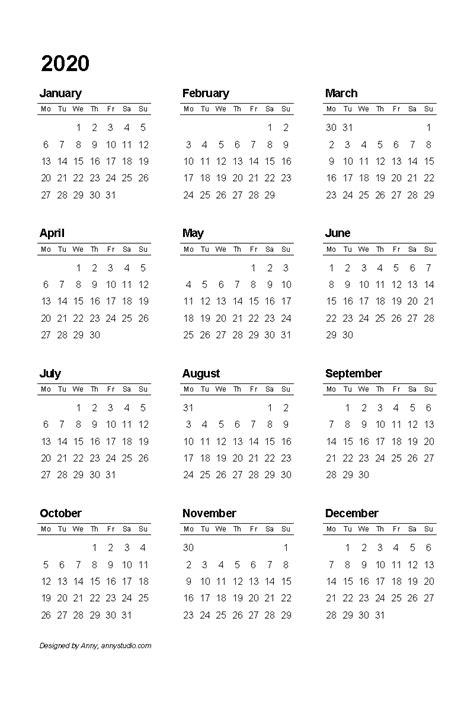 2020 Printable Calendar Starting With Monday