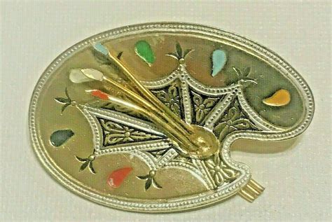 Damascene Enameled 3 Brush Artist Palette Brooch Vintage Costumes