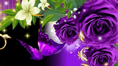Purple Roses And Butterfly On A Black Background
