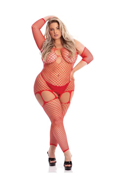 Womens Plus Size Sexy Red One Piece Sheer Fishnet Lingerie Teddy