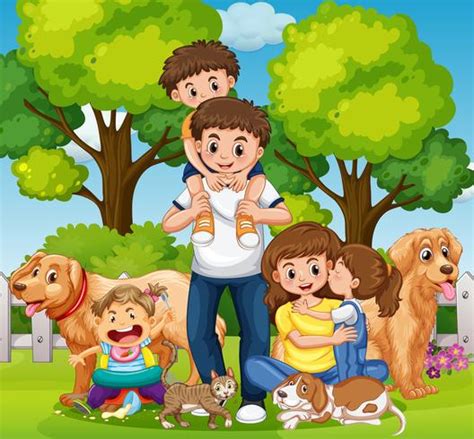 Familia Con Niños Y Mascotas En El Parque 361447 Vector En Vecteezy