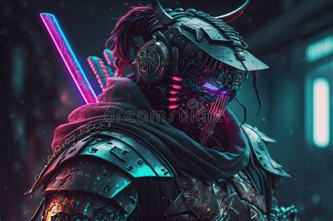 Samurai In Cyberpunk Style With Neon Color On The Back City Generative