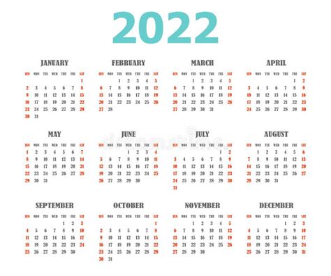 Cor Branca Do Calendário Americano 2022 Semana Começa Domingo
