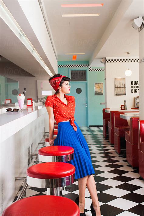 Handsome Rockabilly Pin Up Waitress In Vintage Cafe By Stocksy