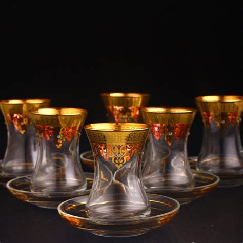 Thin Waist Turkish Tea Set Saucers Gold And Stone Coated 12pcs
