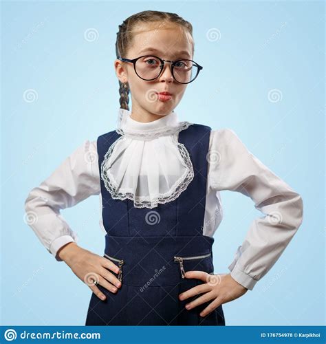 Cute Schoolgirl In Glasses Smile Implore Gesture Stock Photo Image Of