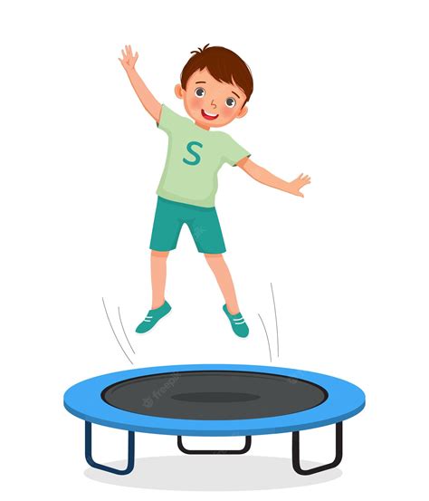 Premium Vector Little Boy Jumping On A Trampoline Having Fun Playing