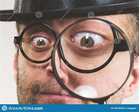Funny Man With Magnifying Glass Stock Image Image Of Curious