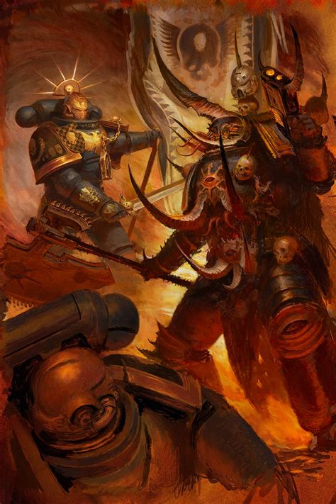 Ultramarine Bladeguard Veterans Vs Chaos Lord Warhammer Art