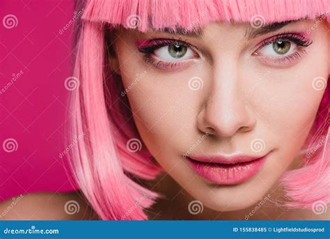 Attractive Girl Posing In Pink Wig Isolated Stock Image Image Of Model Posing 155838485