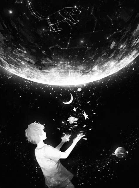 Black And White Anime Art Anime Boy Stars Moon Sky Art Night Sky