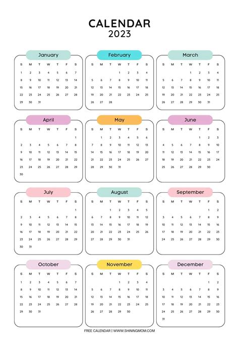 Year 2023 Calendar Free One Page Calendar Templates