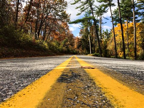 A Low Angle Shot Of An Empty Asphalt Road With Several Autumn Leaves On