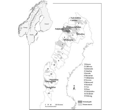 Map Of The Swedish Mountain Municipalities And Protected Areas