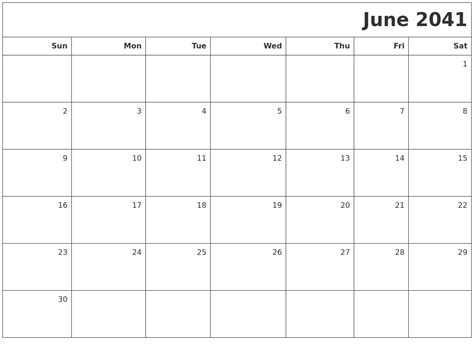 June 2041 Printable Blank Calendar