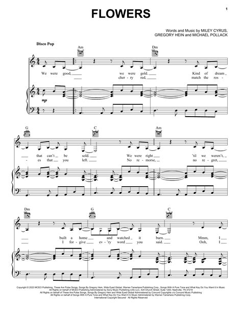 Miley Cyrus Flowers Sheet Music Pdf Chords Page Piano Vocal Guitar Pop Music Notes