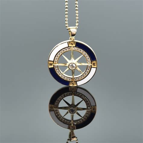14k Solid Gold Compass Pendant Real Gold Necklace With Cubic Etsy
