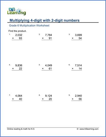 It's pretty much the same from a theoretical standpoint, because the same rules and properties apply to both cases. Grade 6 math worksheet - Multiplication & division: multiplying 4-digit by 2-digit number ...
