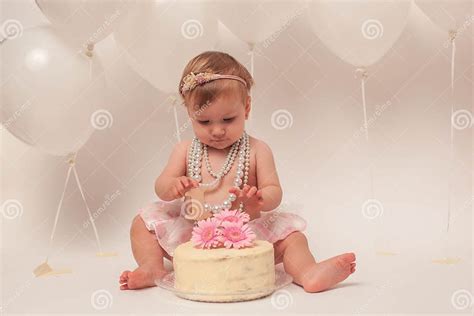 One Year Old Girl Celebrating Birthday Stock Image Image Of